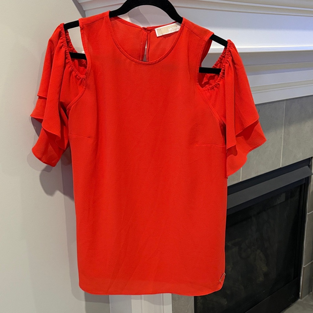 Vibrant Redish Orange Coral Cold Shoulder Blouse